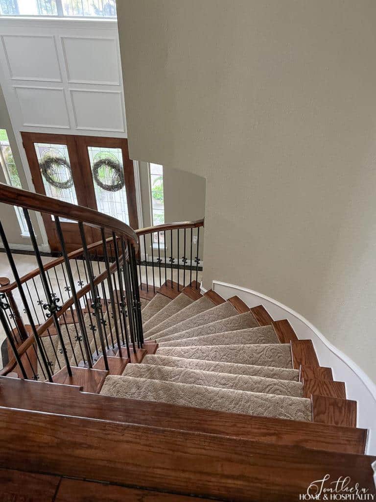 Brown neutral damask sculptured carpet on stairs