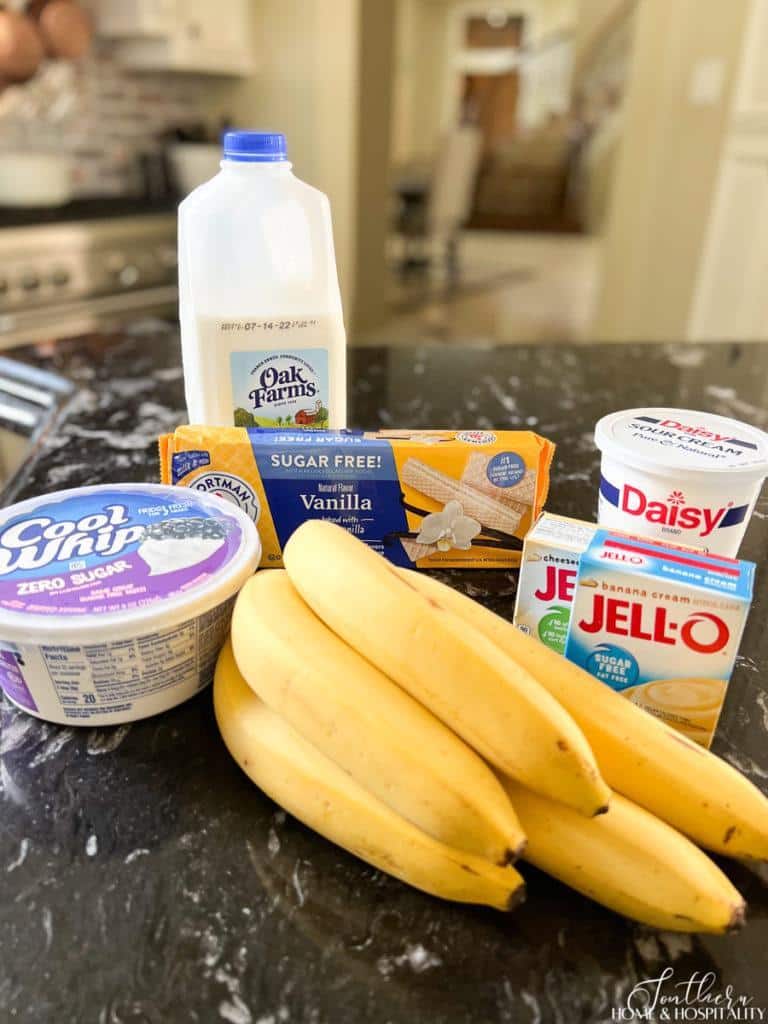 ingredients for low sugar banana pudding, sugar free cool whip, sugar free instant pudding, sugar free vanilla wafers