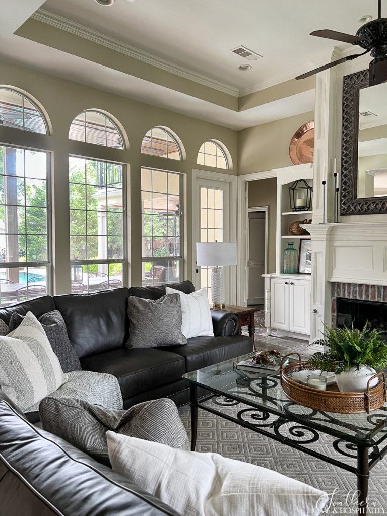 timeless living room with neutral colors and leather sectional