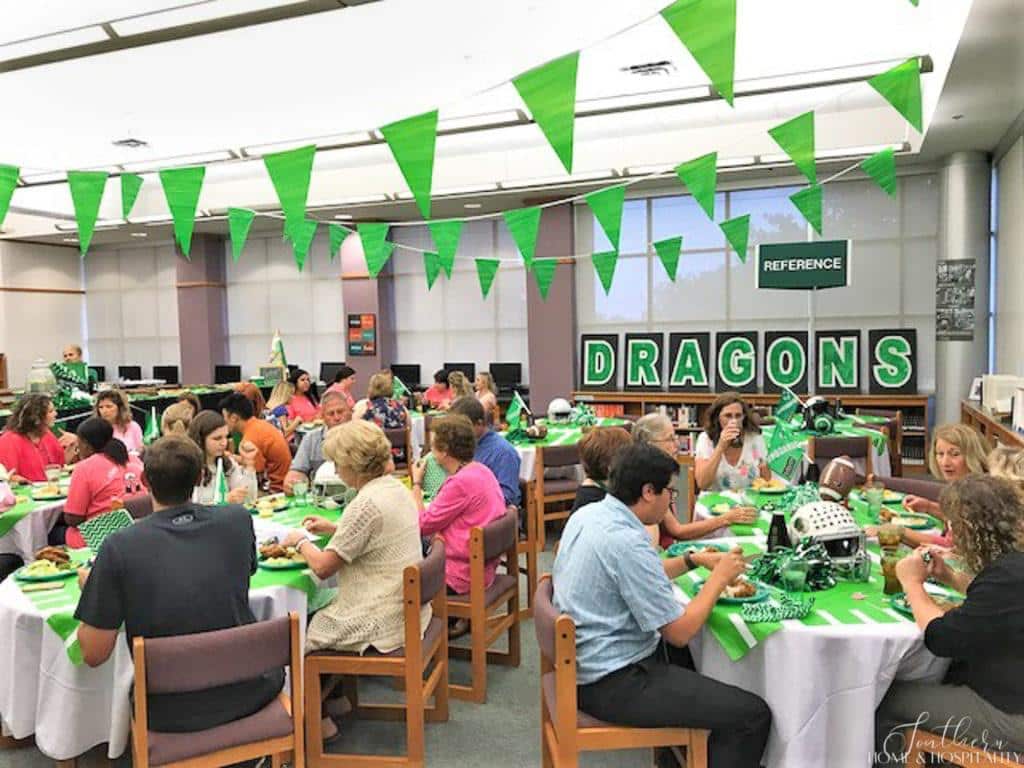 green pennants hanging from ceiling