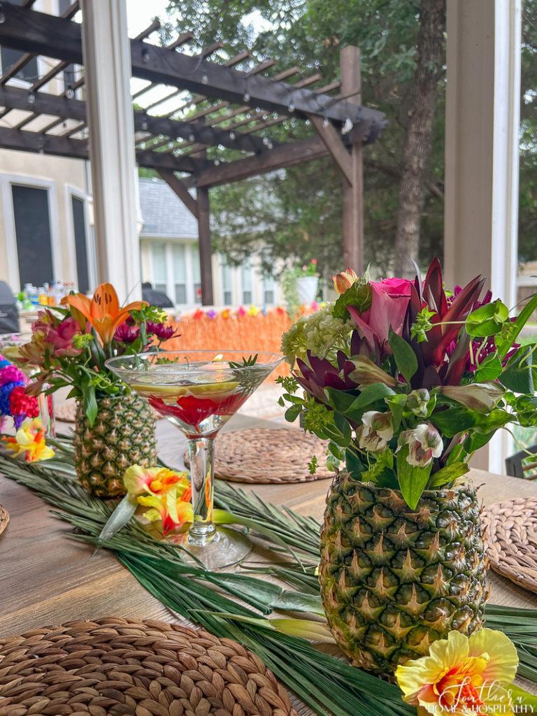 Pineapple vases and martini glass centerpiece