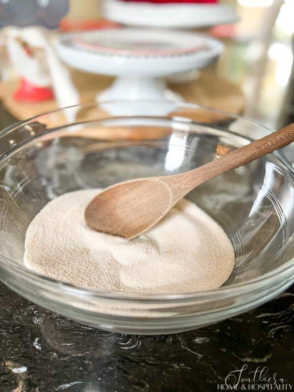 mixing dry ingredients with a wooden spoon