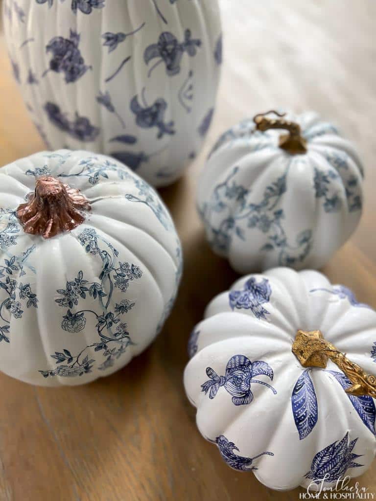 Blue and white decoupage chinoiserie pumpkins