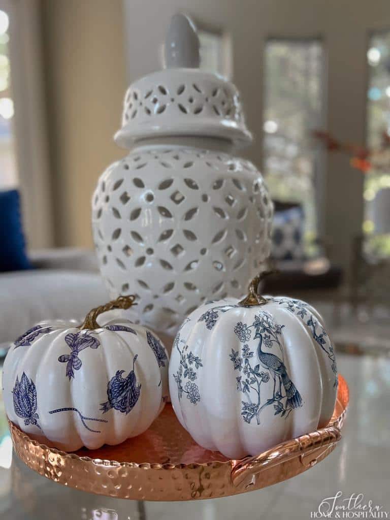 Blue and white chinoiserie decoupage pumpkins