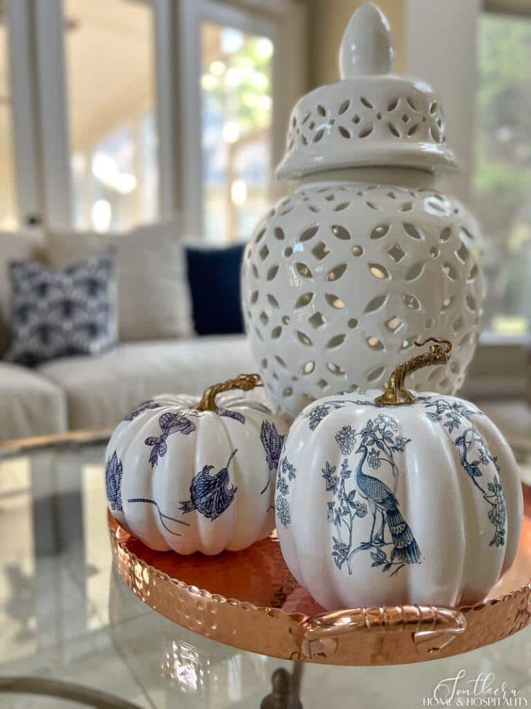 Blue and white chinoiserie pumpkins with white ginger jar