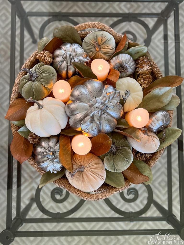 Fall coffee table decor in a tray