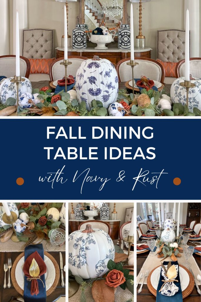 Fall dining table ideas with navy and rust Pinterest graphic