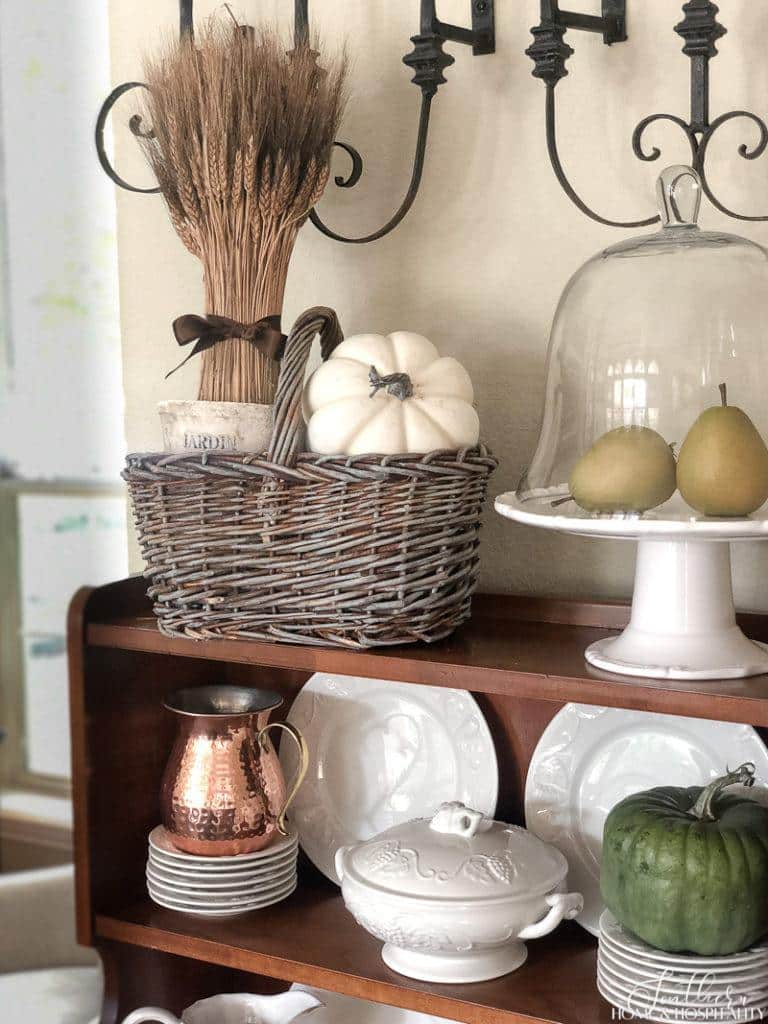 Wheat bundle and pumpkins with ironstone in French fall decor