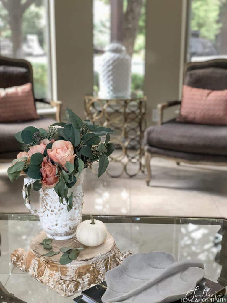 Fall roses in a white vintage pitcher