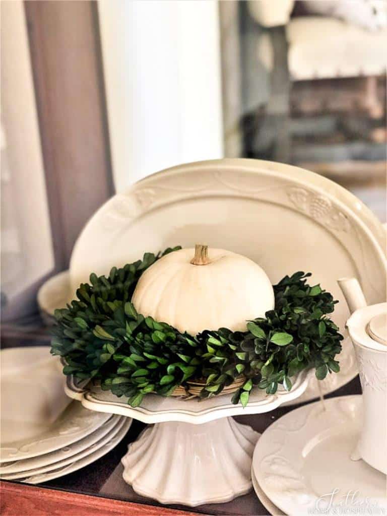 Boxwood wreath with white pumpkin and ironstone