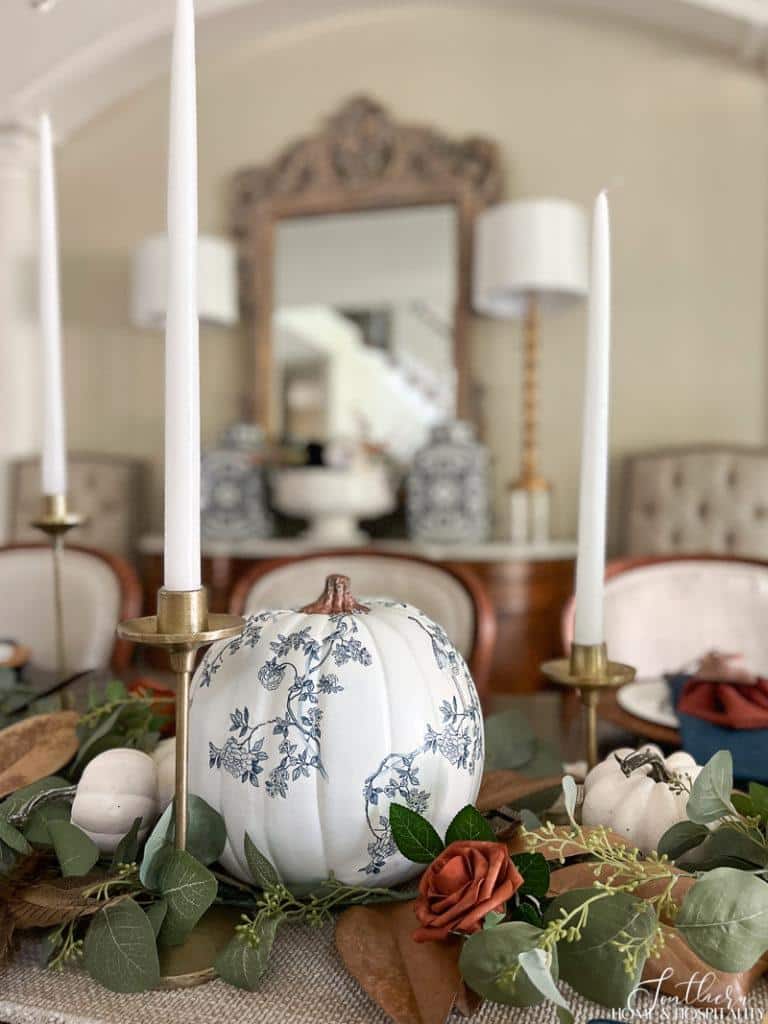 blue and white chinoiserie pumpkin and aged brass candlesticks