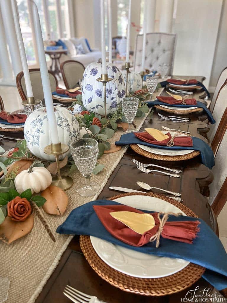 navy blue and rust fall table settings