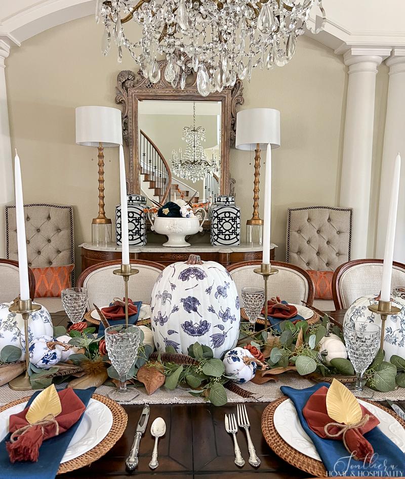 navy and rust fall dining table decor