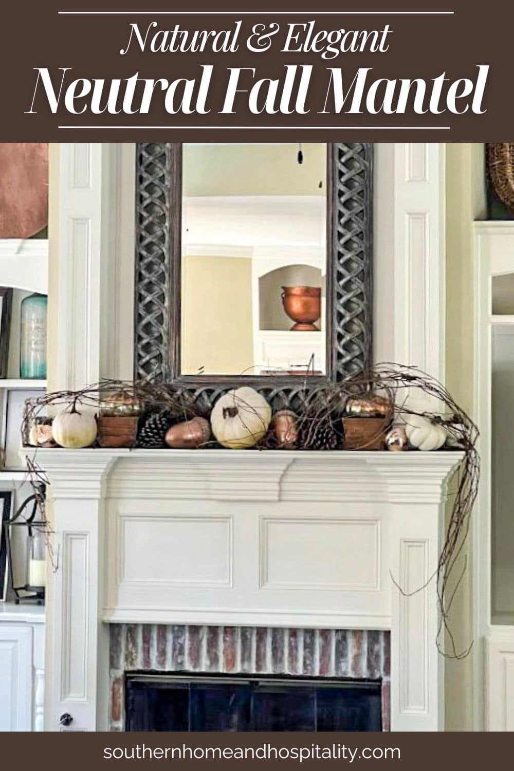 Neutral fall mantel Pinterest pin with white pumpkins and natural decor elements for cozy and elegant fireplace styling ideas