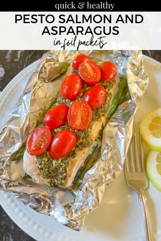 Pesto salmon and asparagus in foil packets Pinterest graphic