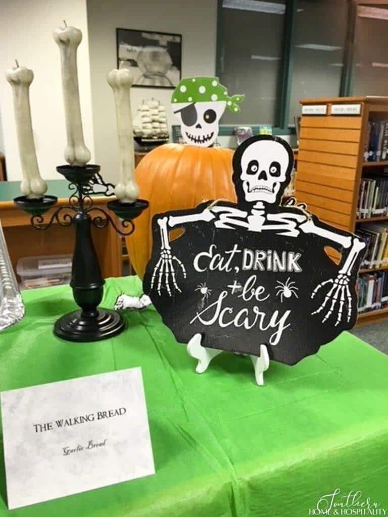 Halloween signs on food buffet table