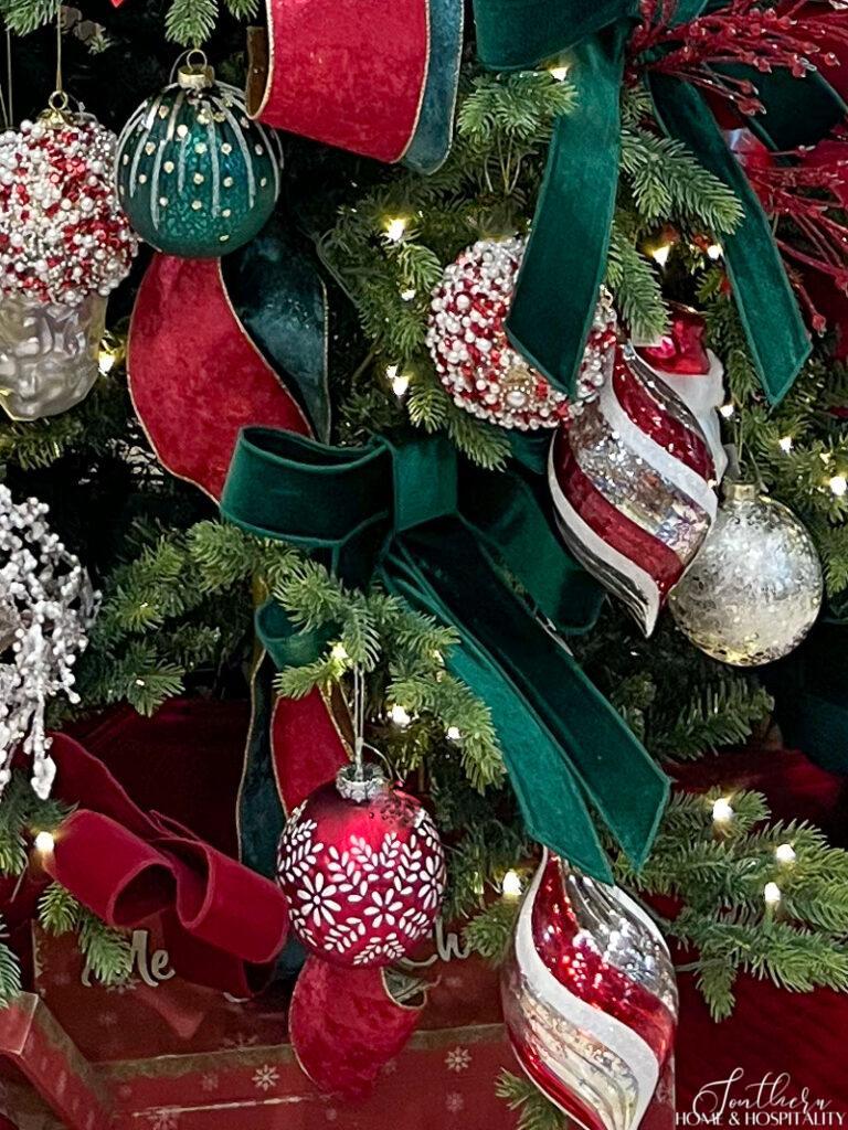 Red and green velvet ribbon on a Christmas tree