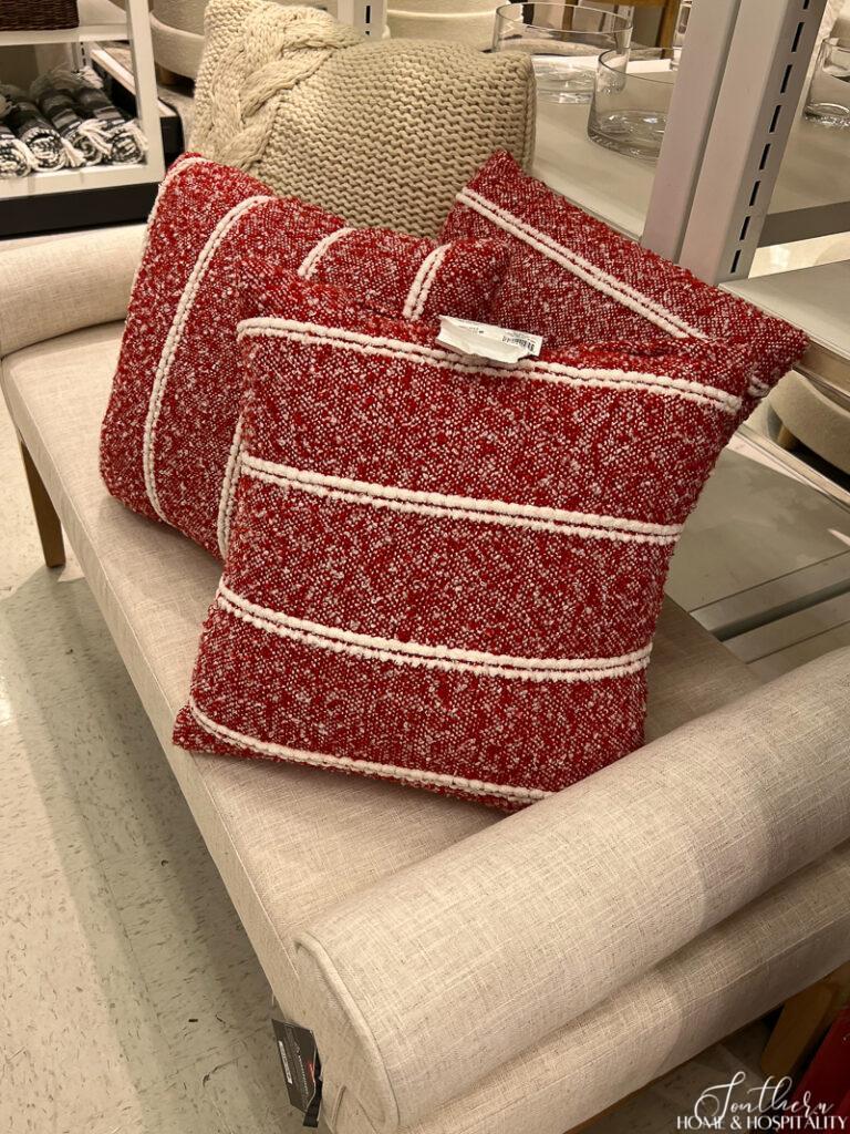 Red and white boucle throw pillows