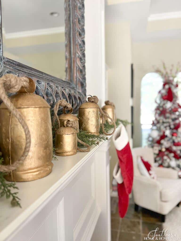 Rustic Christmas bells on mantel