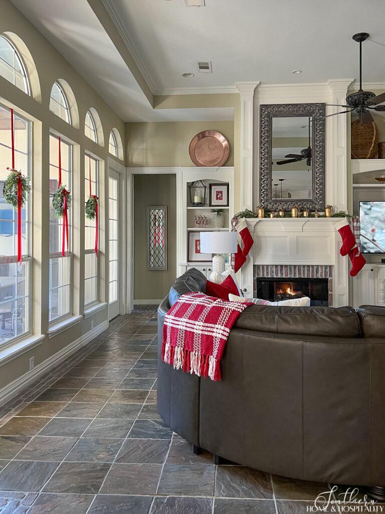 Red and white Christmas decor in family room