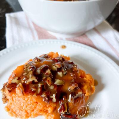 Mashed Sweet Potatoes with Bourbon Praline Sauce – Divinely Delicious