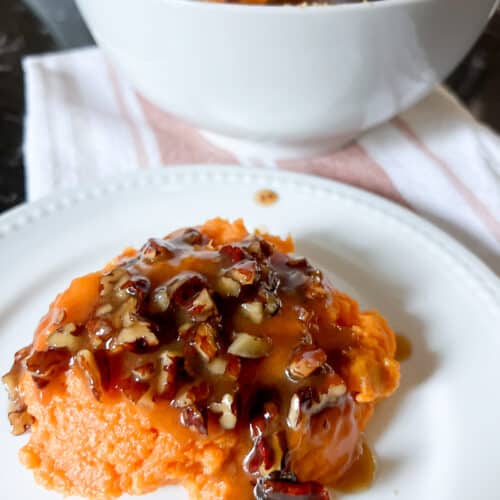 Mashed Sweet Potatoes with Bourbon Praline Sauce - Divinely Delicious