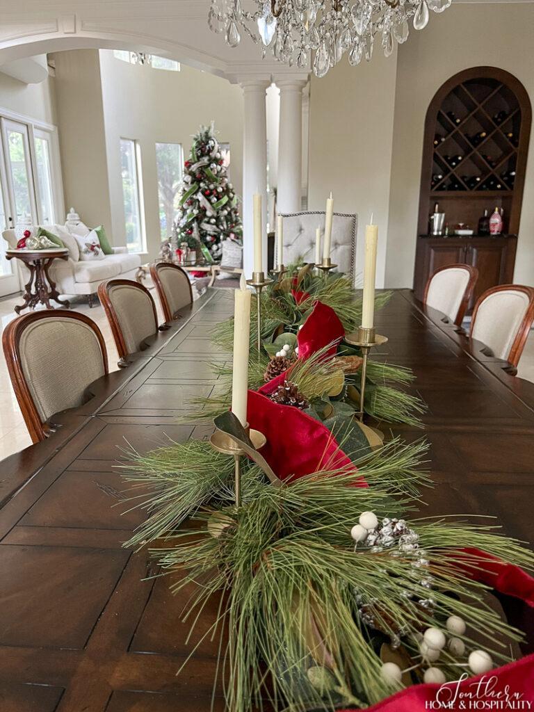 Magnolia and pine garland dining table centerpiece