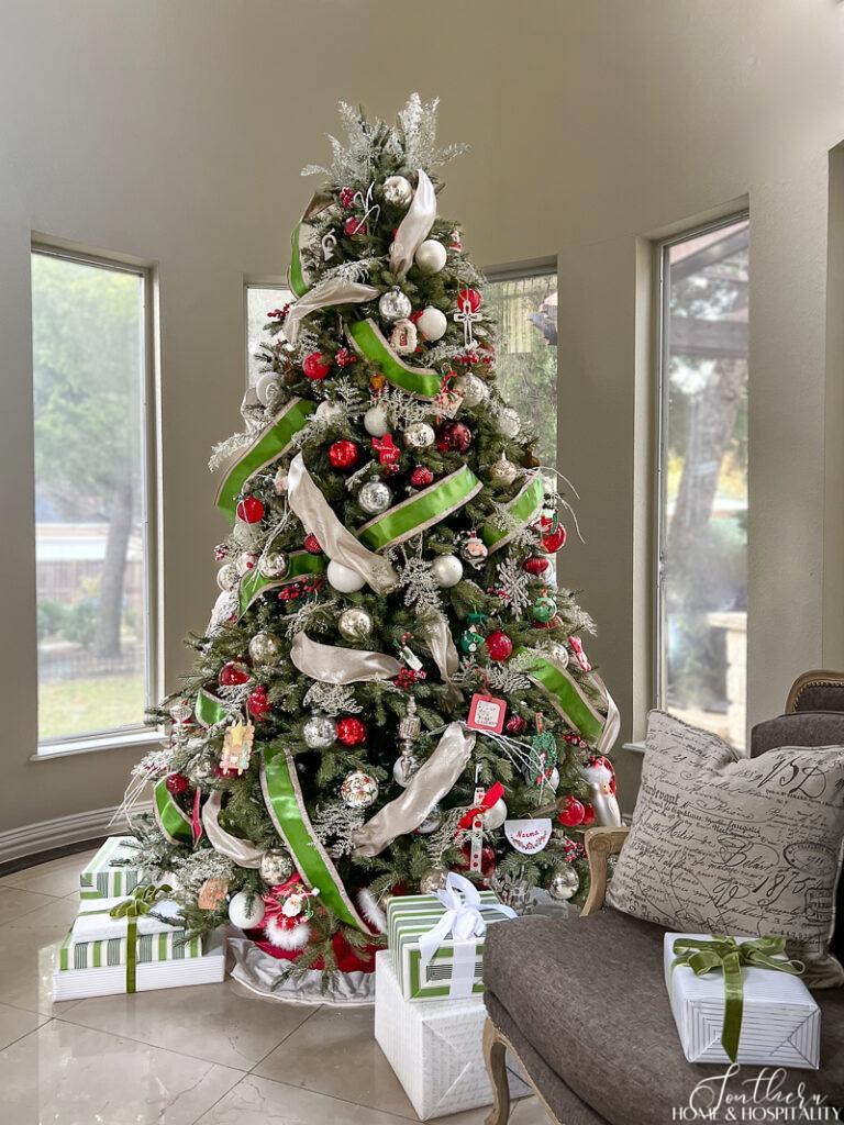 Red, green, and white Christmas tree