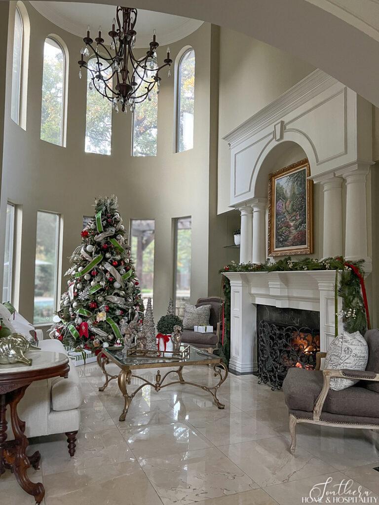 Red, green, and white living room Christmas decor