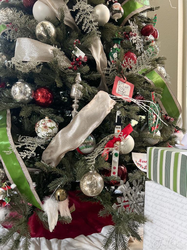 Sentimental family ornaments on a Christmas tree