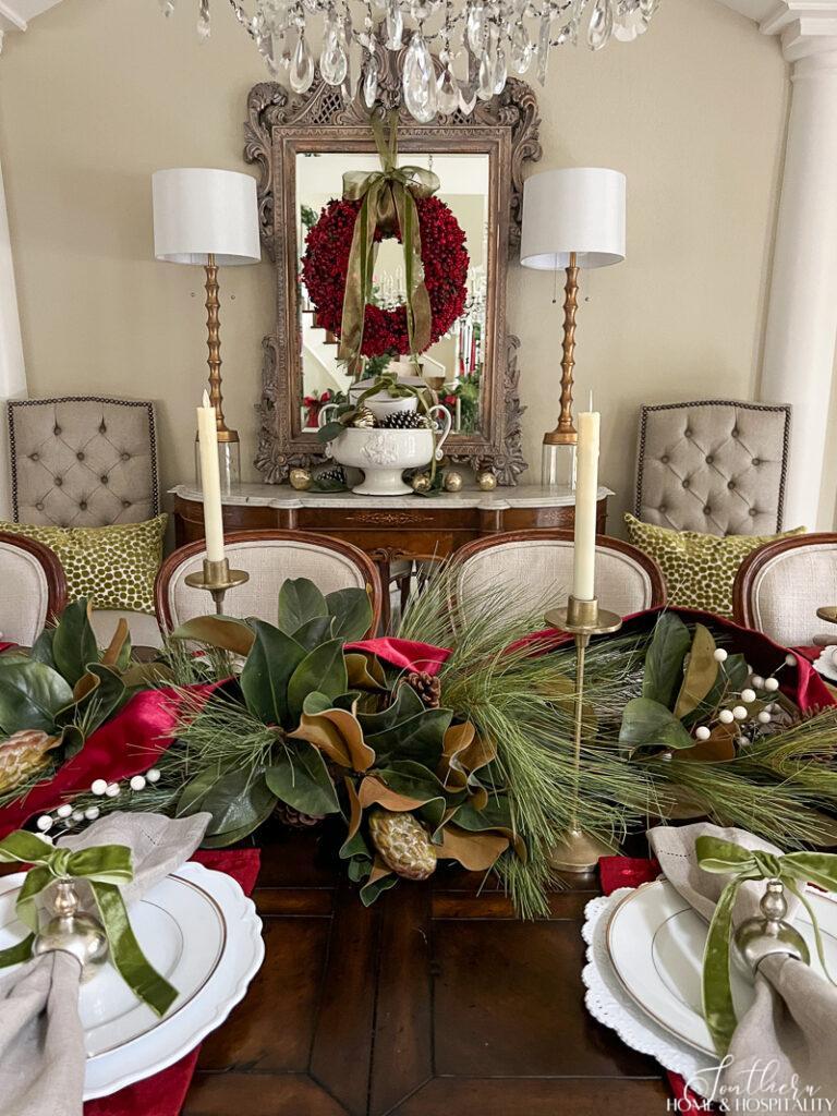 Red and green Christmas dining room decor