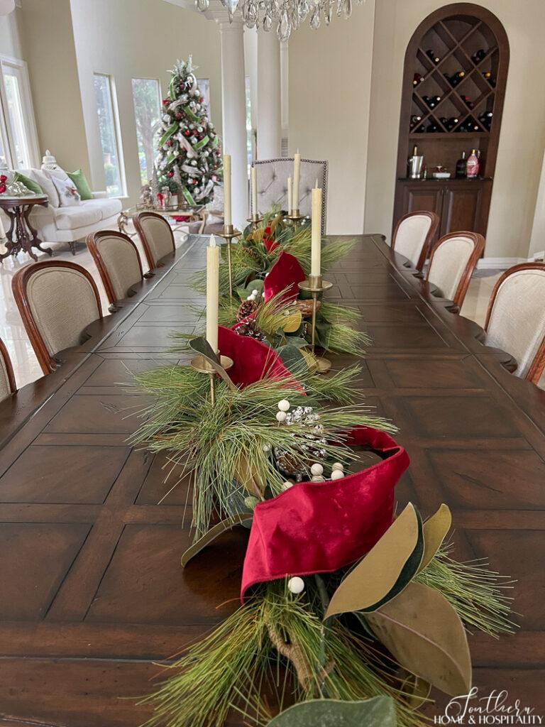 Magnolia and pine garland as a dining table centerpiece