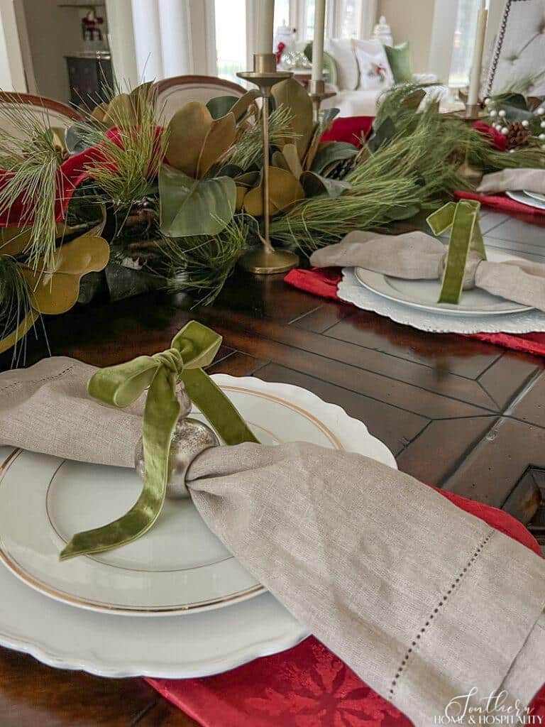 Green and white holiday place settings