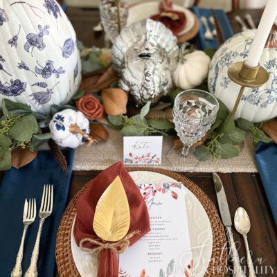 A Beautiful Blue Thanksgiving Tablescape with Free Printables
