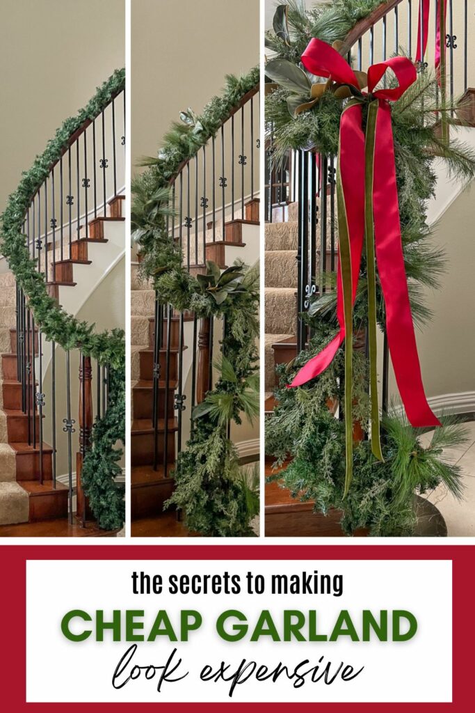 Garland hung on the banister with velvet ribbon  Velvet christmas bow,  Magnolia leaf garland, Christmas banister