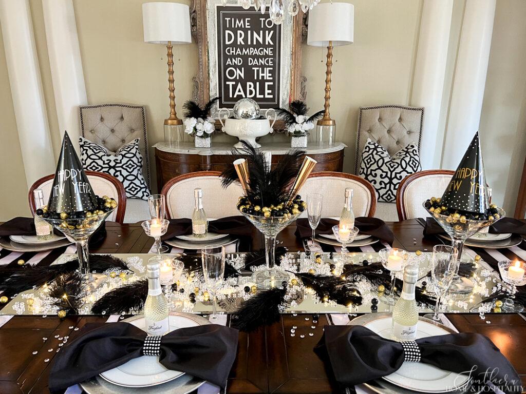 New Years table with oversize martini glass centerpiece