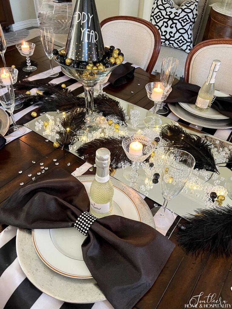 Bow napkin on New Years table