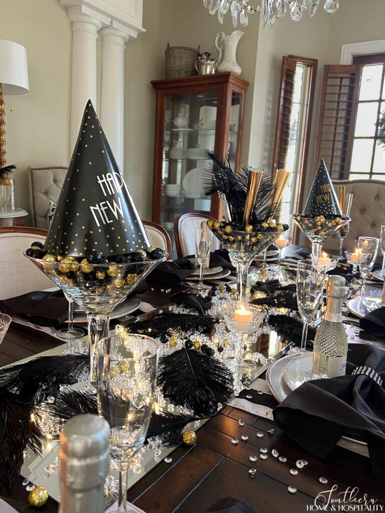 New Year's Eve centerpiece with jumbo martini glasses