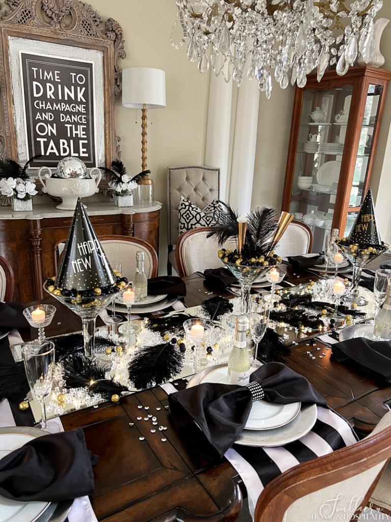 New Year's Eve table with black and gold