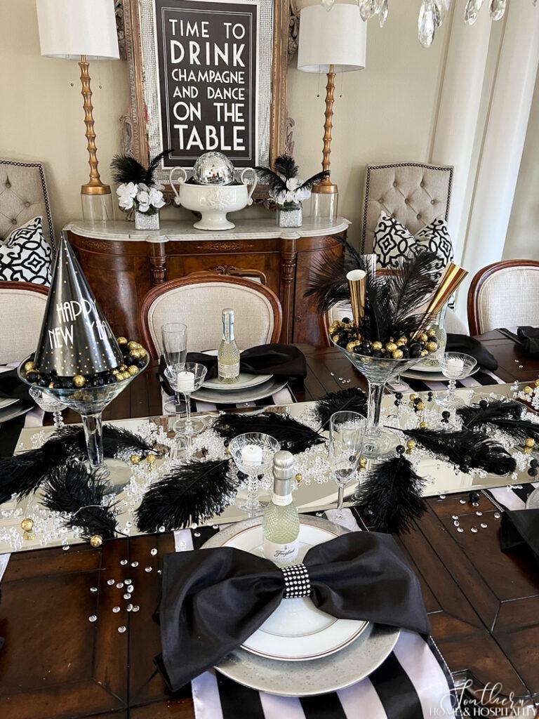 Bow tie napkin on New Year's Eve place setting