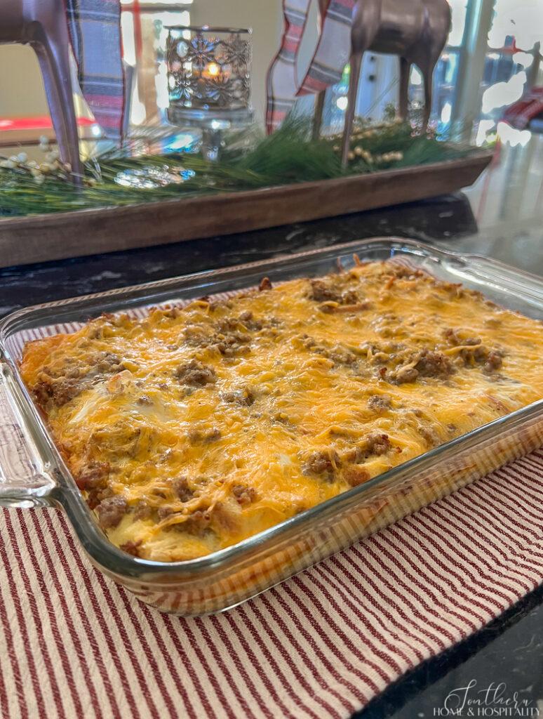 Sausage and egg casserole in a Pyrex casserole dish