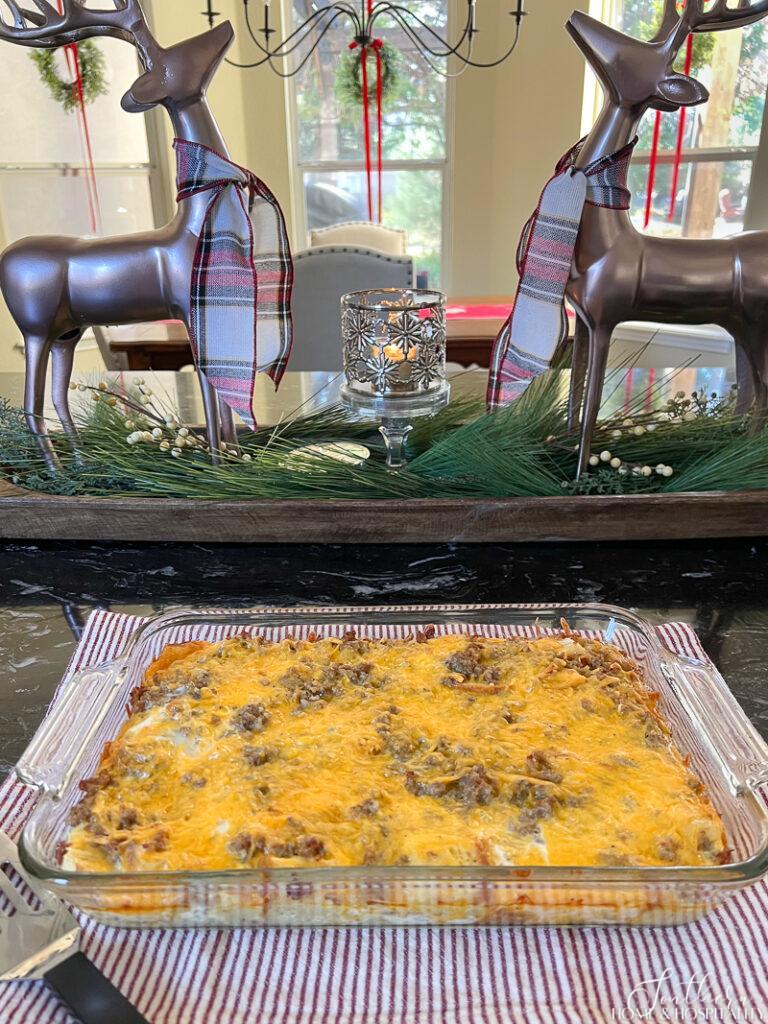 Christmas breakfast casserole with sausage, egg, and cheese