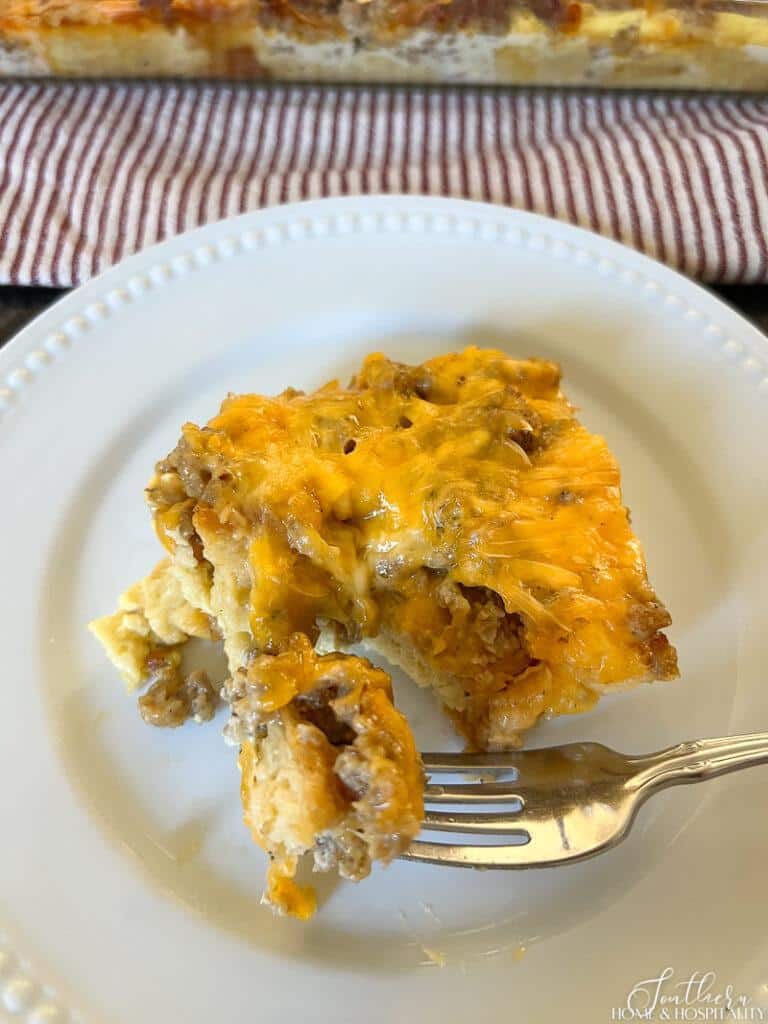 Serving of sausage egg and cheese casserole