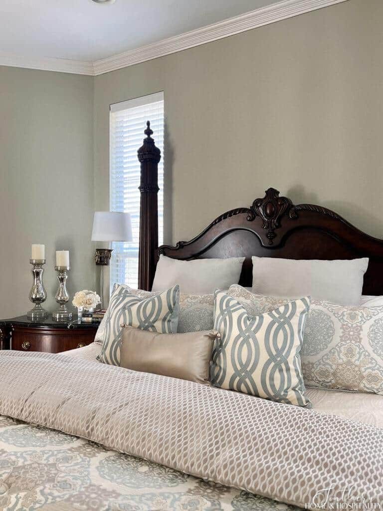 Waterford blue and ivory comforter set on bed