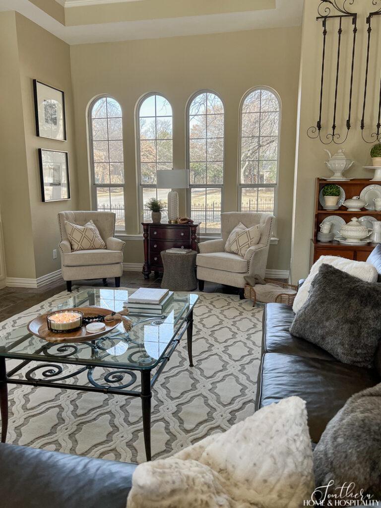 Furniture arranged in balance in a family room