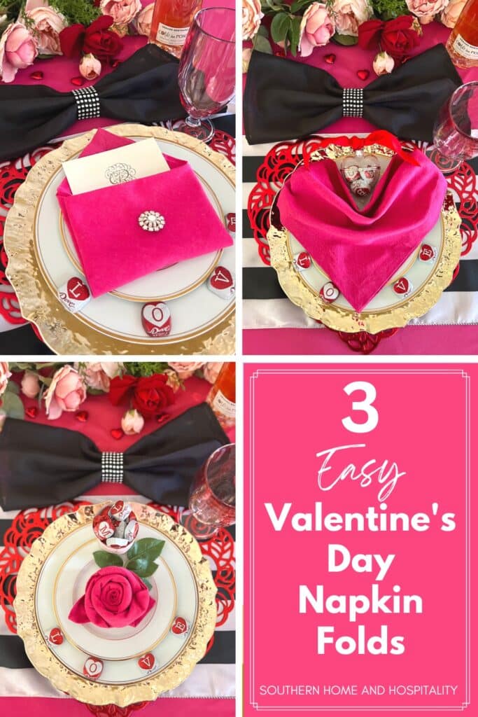 Easy Valentines day napkin fold Pinterest graphic