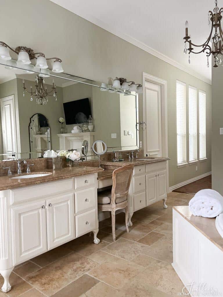 Double French furniture bathroom vanity with marble top, bathroom mirror with beveled frame