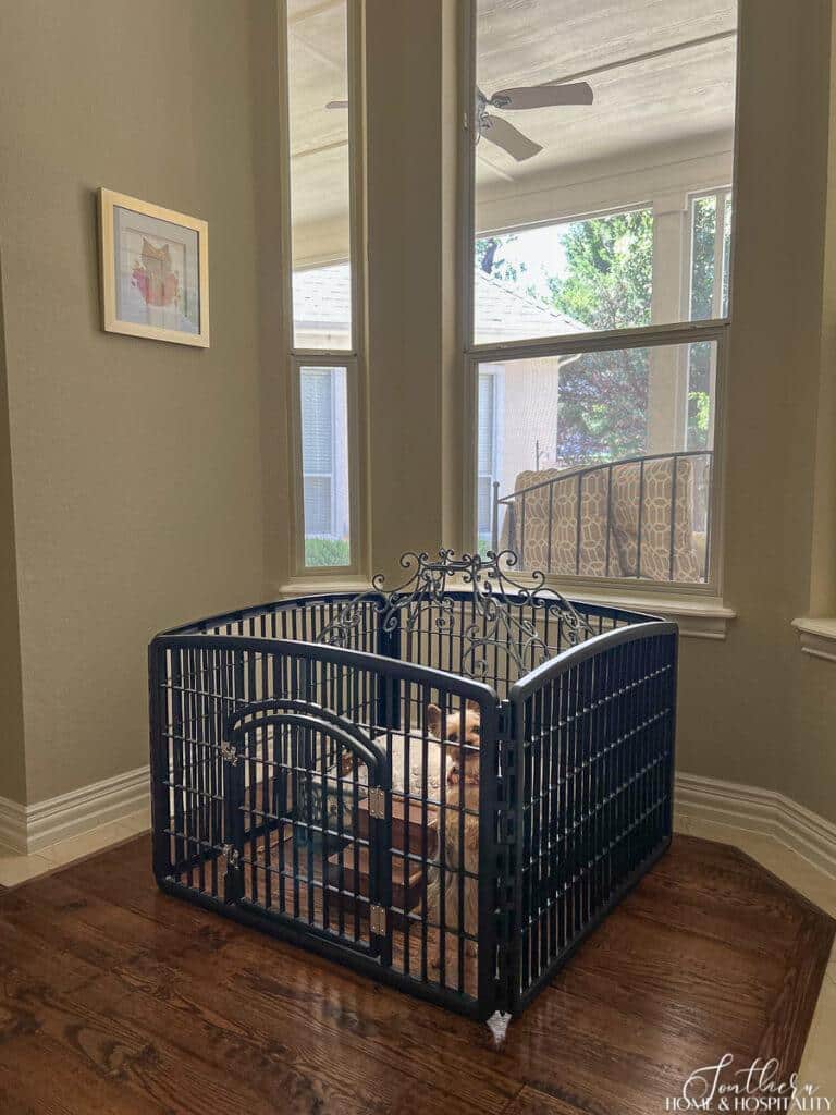 Alcove with bay windows and dog bed and pen