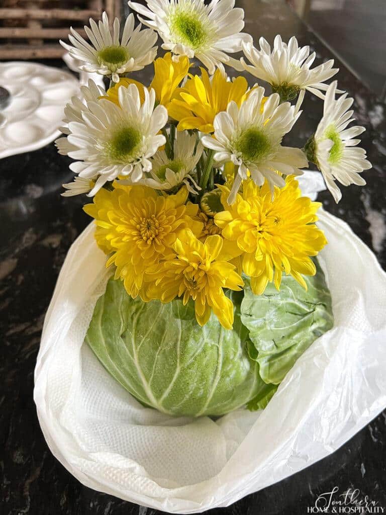 Cabbage vase stored in paper towels and plastic bag