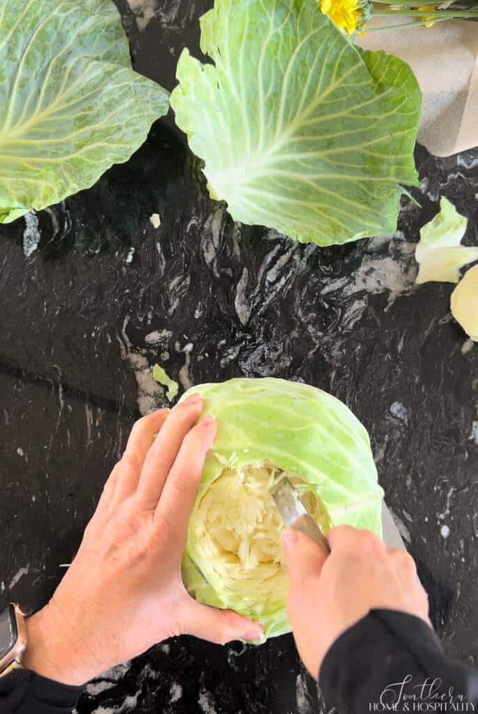 Hollowing out cabbage for vase